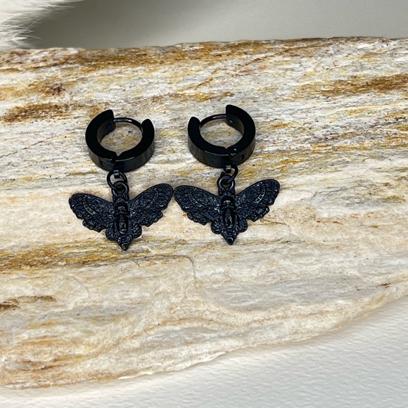 Dainty Goth Hoop Earrings,  Moon, Moth and Star Hoop Set, Edgy all Black Hoops - Picture 11 of 14